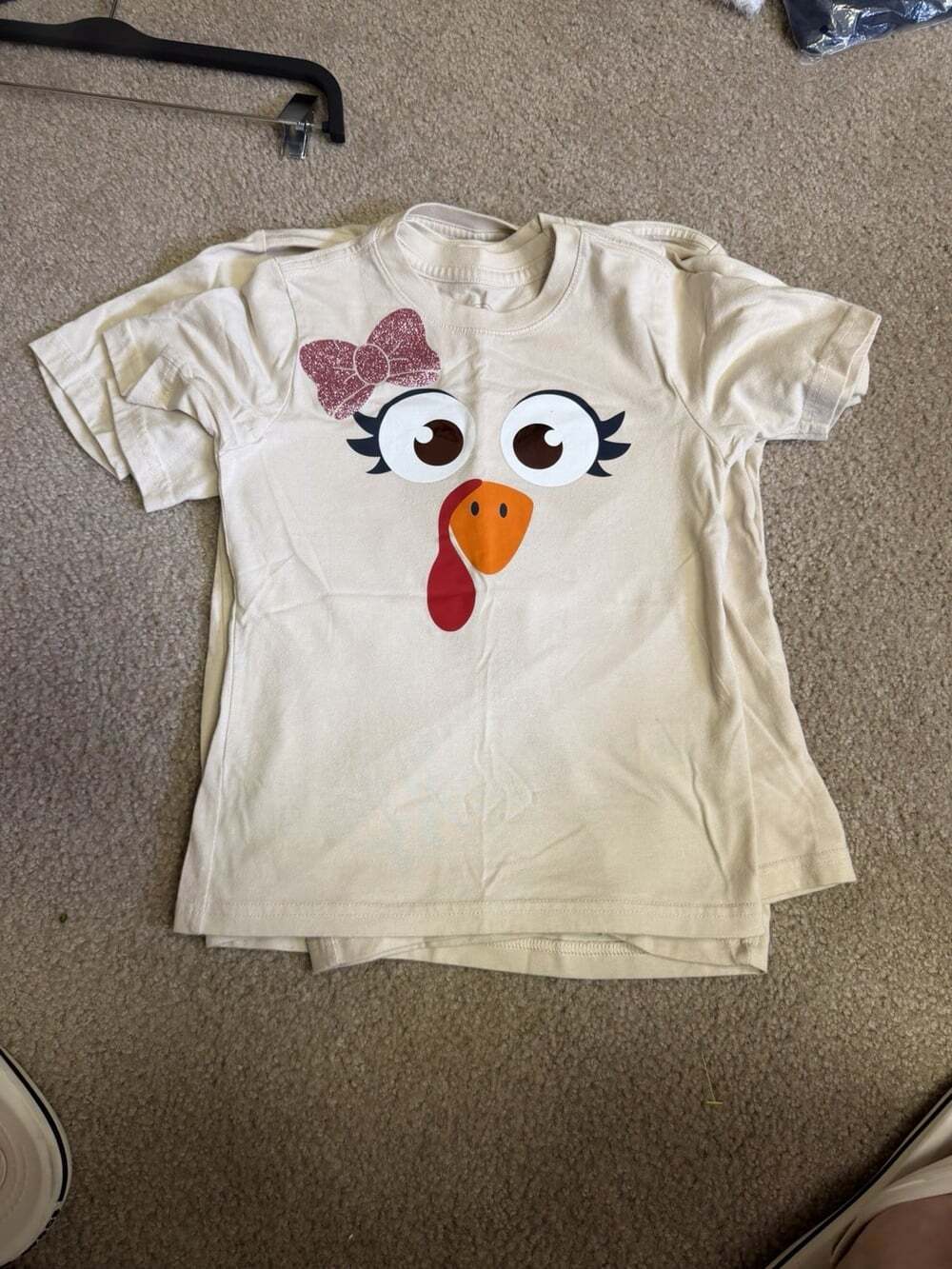 Kids Size 8 Short Sleeve Crew Neck Turkey Thanksgiving T-Shirt With Sparkle Bow